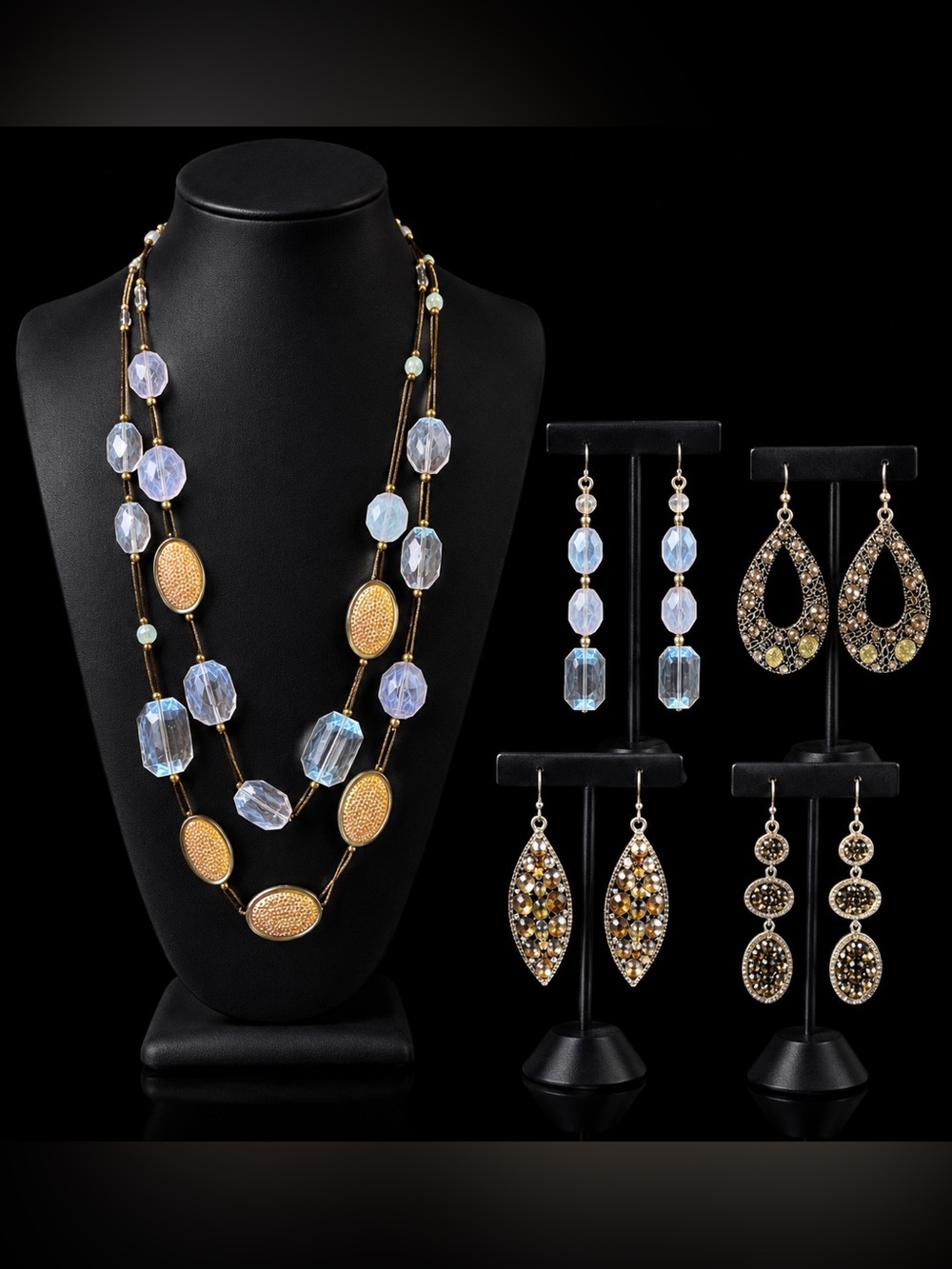 Gold and Iridescent Crystal Double-Strand Necklace with Matching Earrings